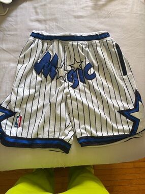 Just Don White Pinstripe Orlando Magic Basketball Shorts with Blue Accents